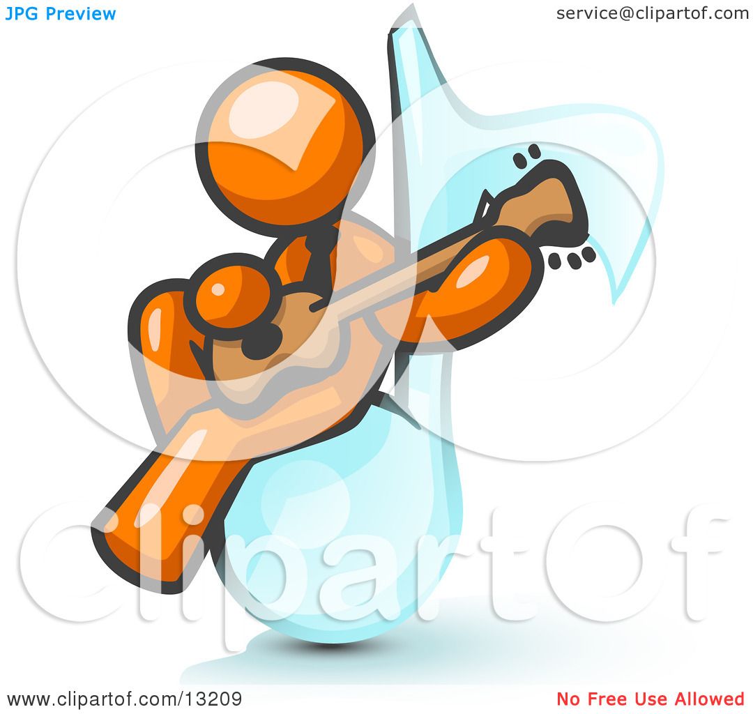 Orange Man Sitting on a Music Note and Playing a Guitar Clipart.