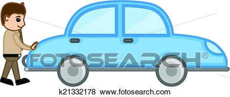 Cartoon Man Pushing Car Vector Clip Art.