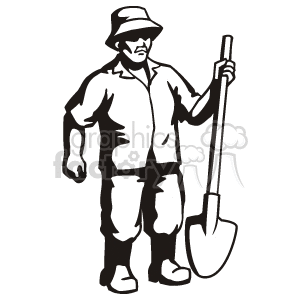 Black and white man holding a shovel clipart. Royalty.