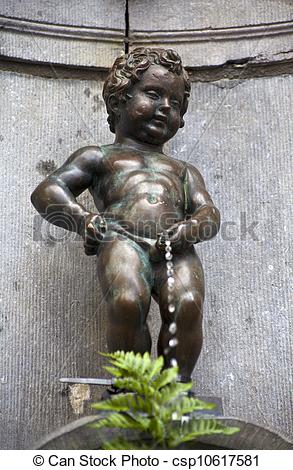 Stock Photographs of Manneken Pis (Peeing Boy) in Brussels.
