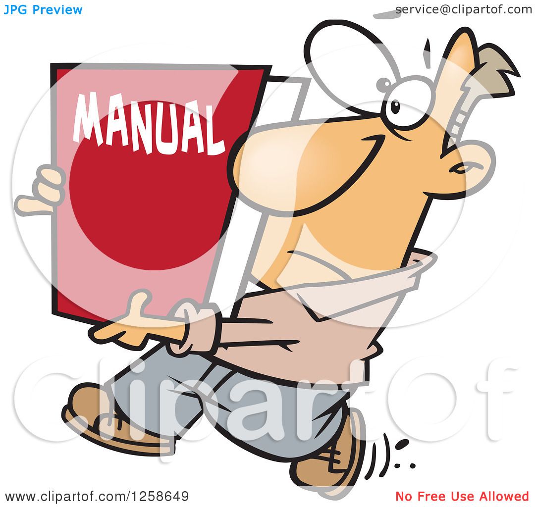 Clipart of a Cartoon Caucasian Man Carrying a Big Manual.