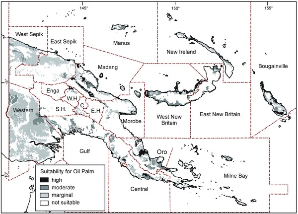 Map of PNG showing provinces and suitability for oil palm.