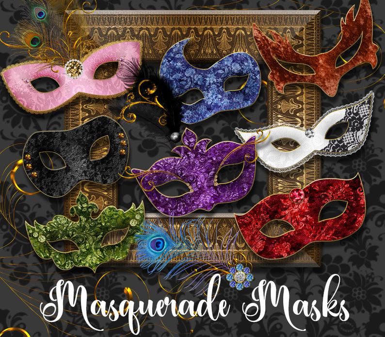 Masquerade Masks Clipart, Mardi Gras mask clip art, Carnival graphics,  Venetian mask, costume party digital instant download commercial use.