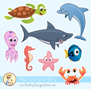 Sea Animals Clipart, Underwater Life, Cute Characters, Deep Ocean.