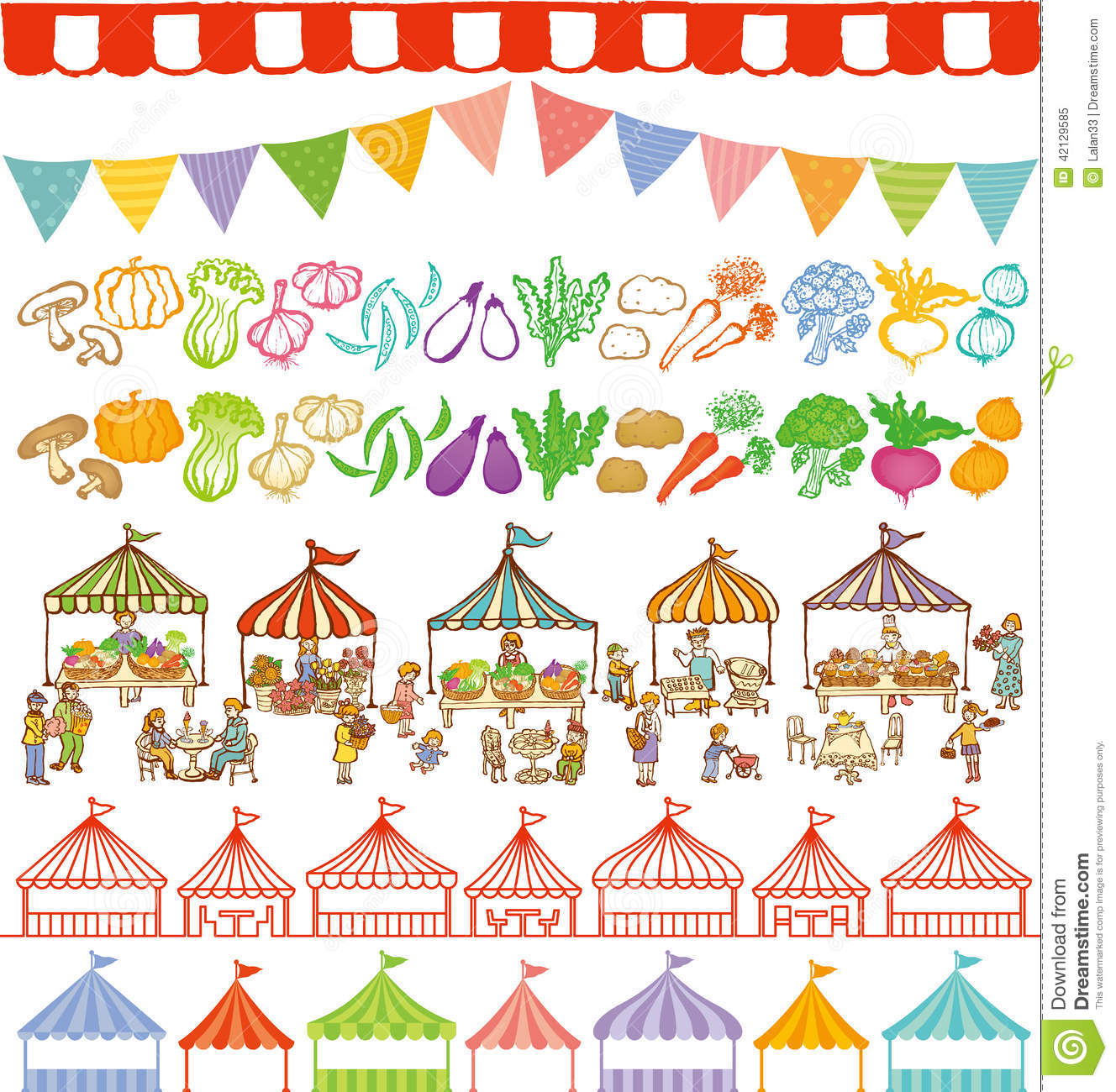 Market Place Illustrations And Event Tents Frames. Stock Vector.
