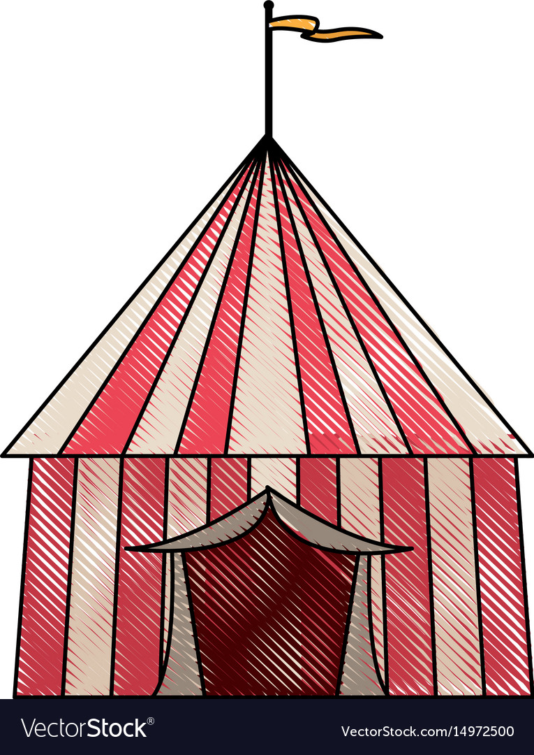 Striped strolling circus marquee tent with flag.