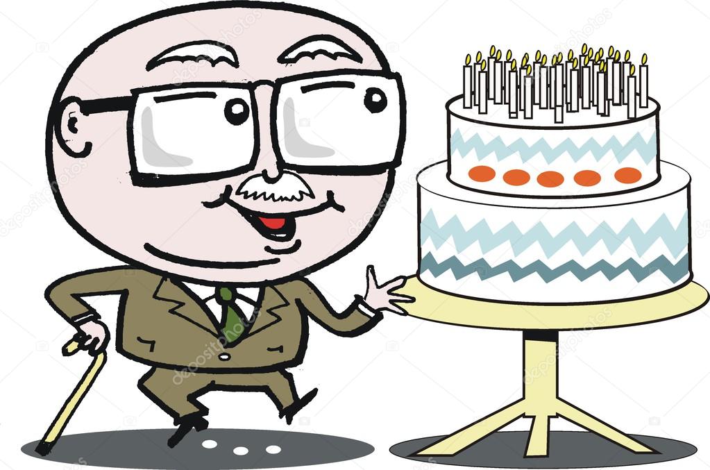 Vector cartoon of mature age man with birthday cake. — Stock.