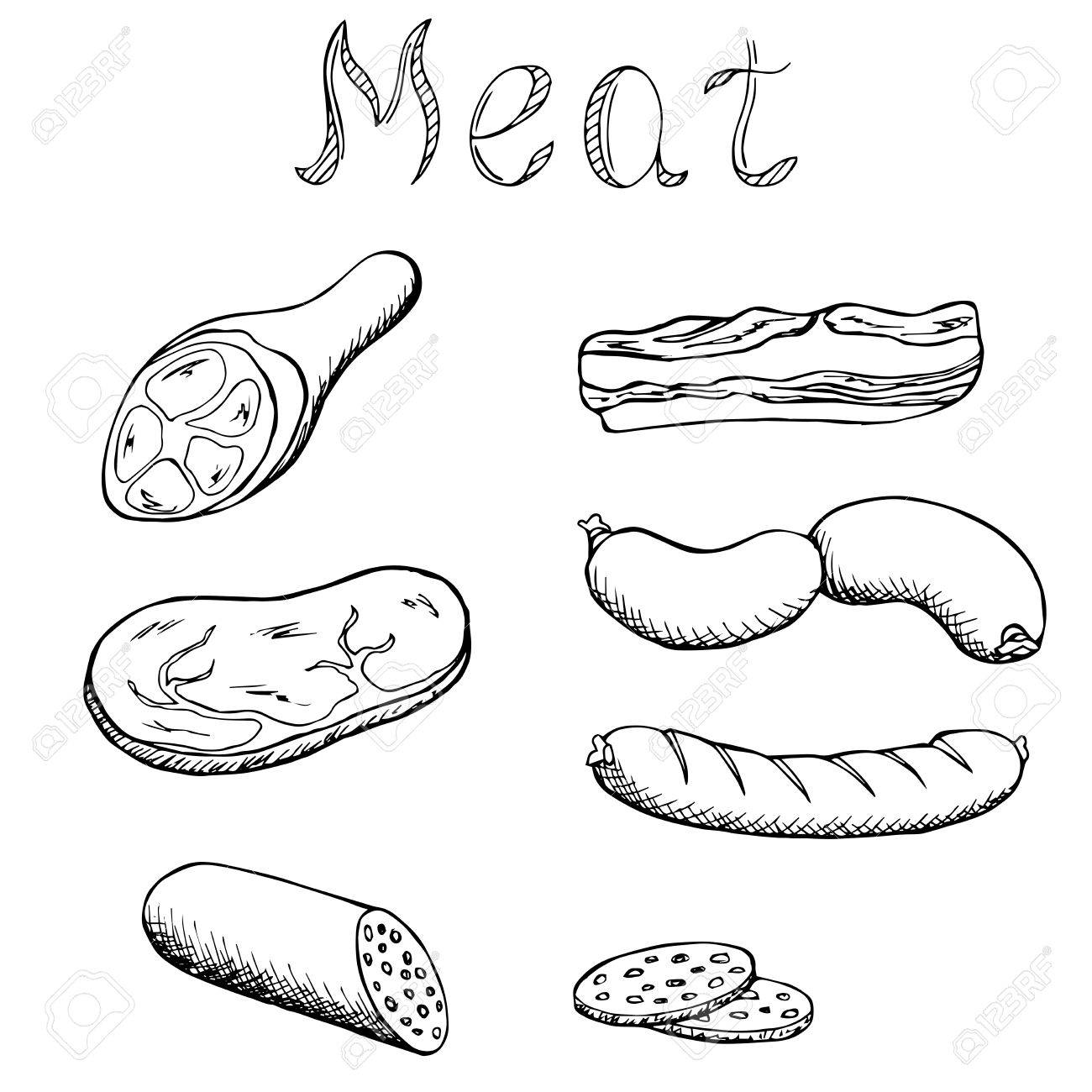 Meat set graphic art black white isolated illustration vector.