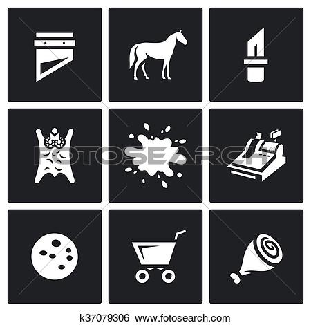 Clip Art of Vector Set of Meat Processing Plant Icons. Guillotine.