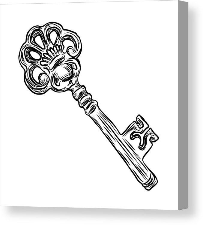 Ornamental Medieval Vintage Key With Intricate Design, Victorian Leaf  Scrolls And Hand Drawn Swirls. Vector. Canvas Print.