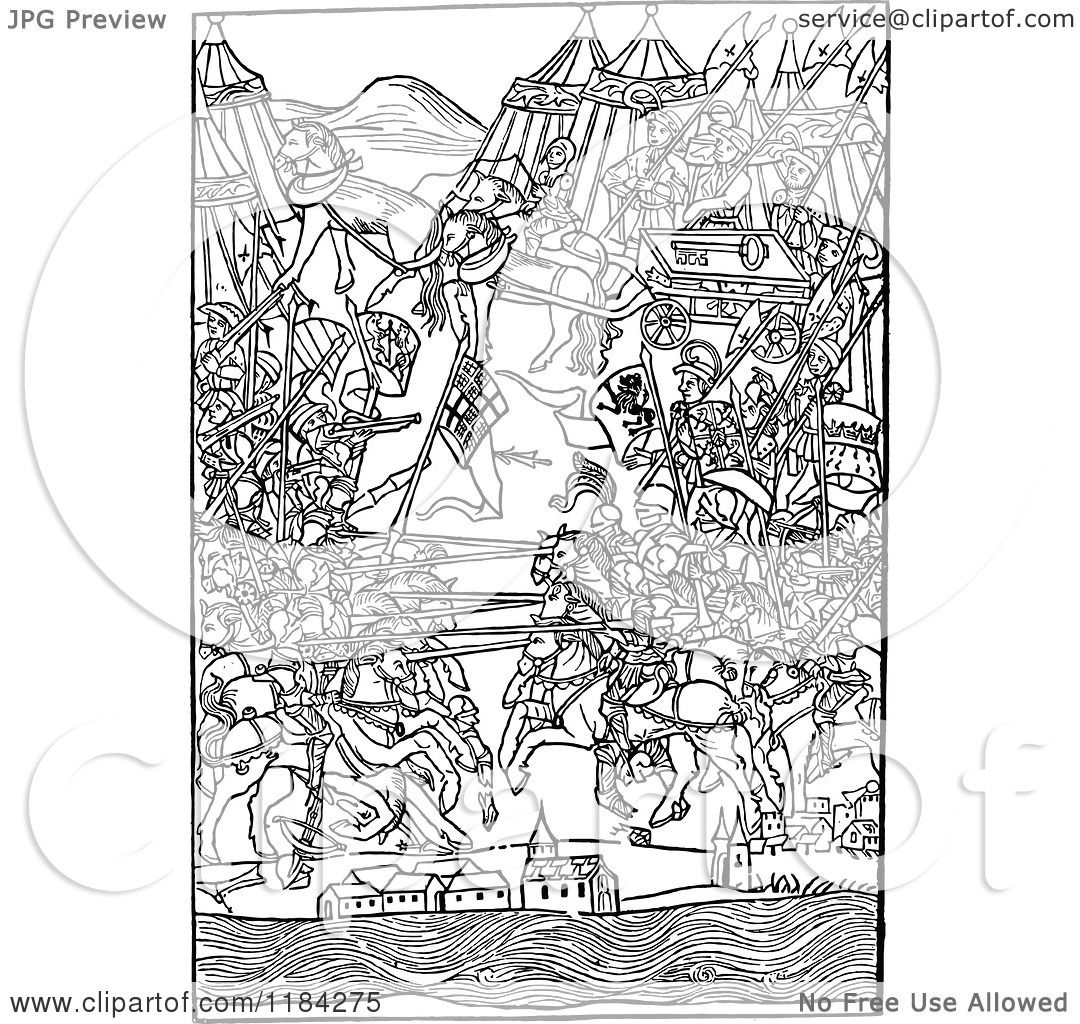 Clipart of a Retro Vintage Black and White Medieval Battle Scene.