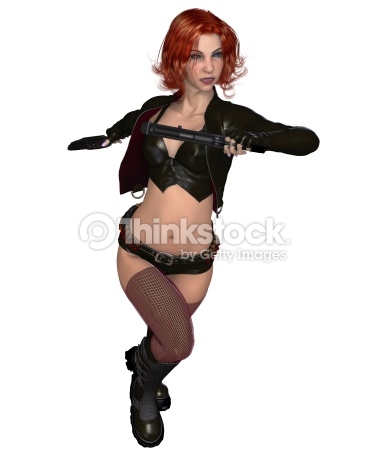 Red Haired Female Mercenary Running Stock Photo.