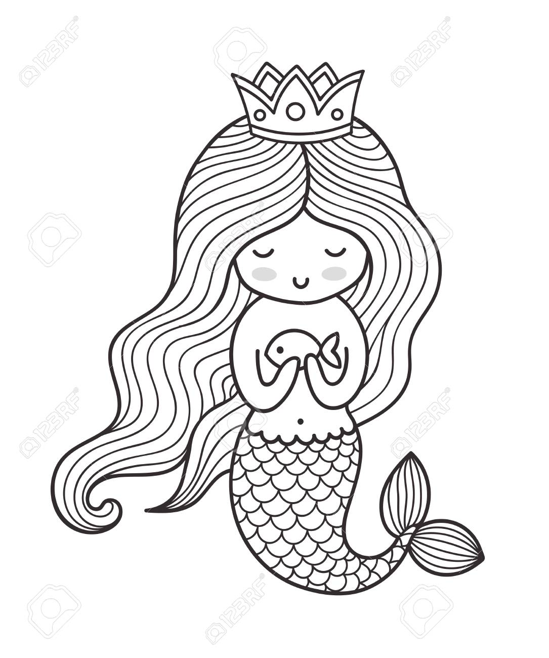 Mermaid with long curly hair and crown. Vector outline illustration...