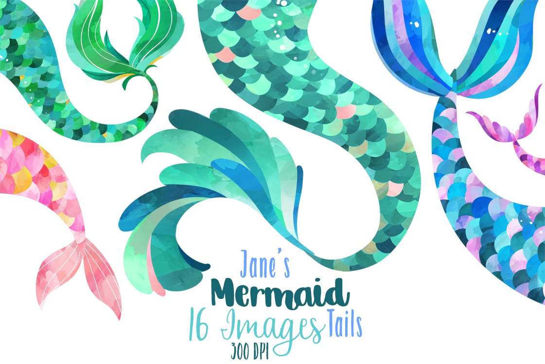 Watercolor Mermaid Tails Clipart.