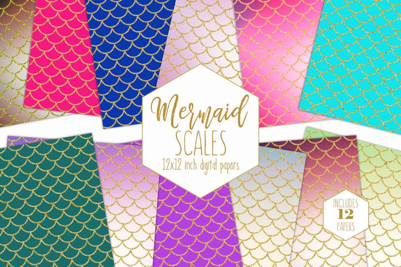 GOLD MERMAID SCALE Digital Paper Pack Ocean Fish Backgrounds Pink Teal  Rainbow Scrapbook Paper Birthday Girl Pattern Party Printable Clipart.