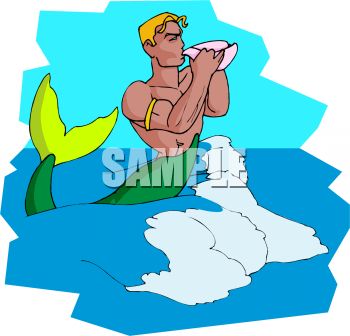 Royalty Free Clip Art Image: Merman Blowing on a Seashell.
