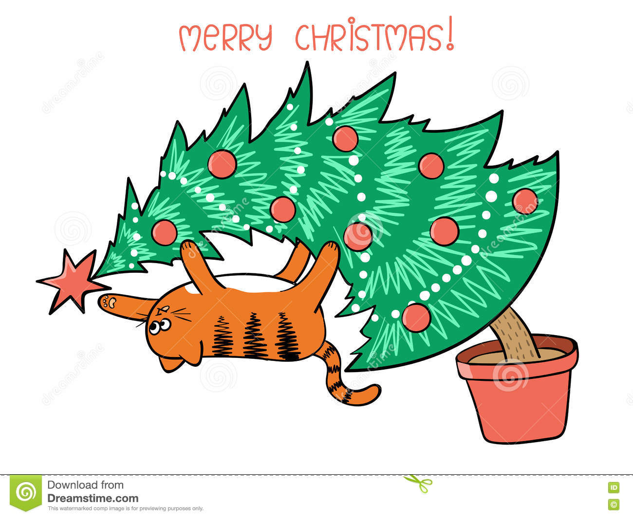 Merry Christmas Card Design. Cute Cat On Christmas Tree.