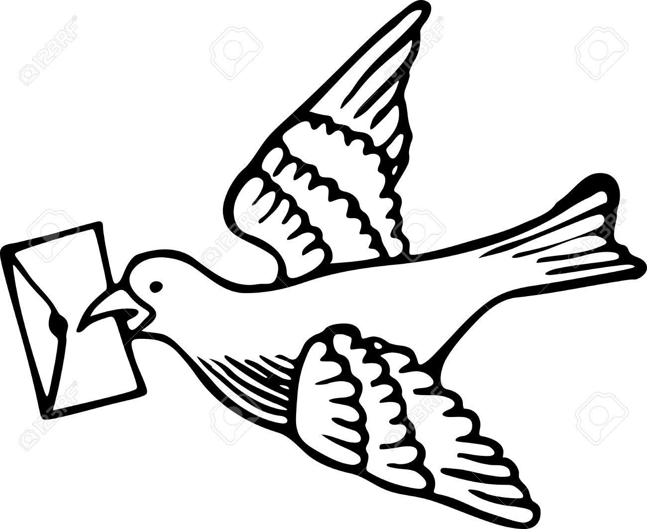 Simple Black And White Line Drawing Of A Dove Carrying A Letter.