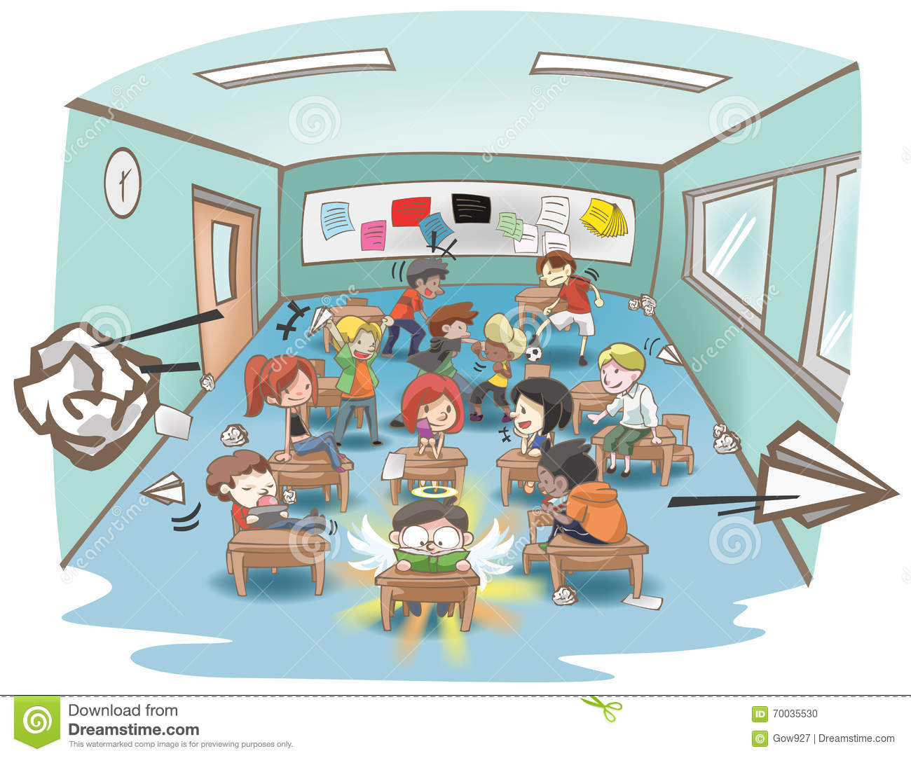 Cartoon Messy School Classroom Full Of Naughty Kid Student.