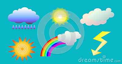 Weather Objects Clip Art. Illustration Of Clouds, Sun, Rainbow.