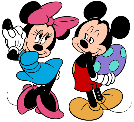 Clip art of Minnie Mouse and Mickey Mouse holding an Easter.