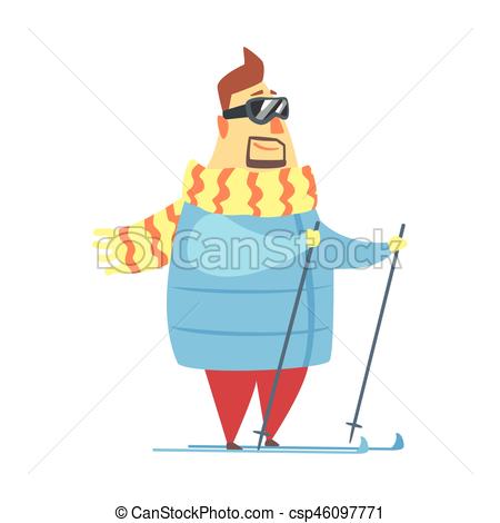 Vectors Illustration of Millionaire Rich Man On Ski In Mountain.