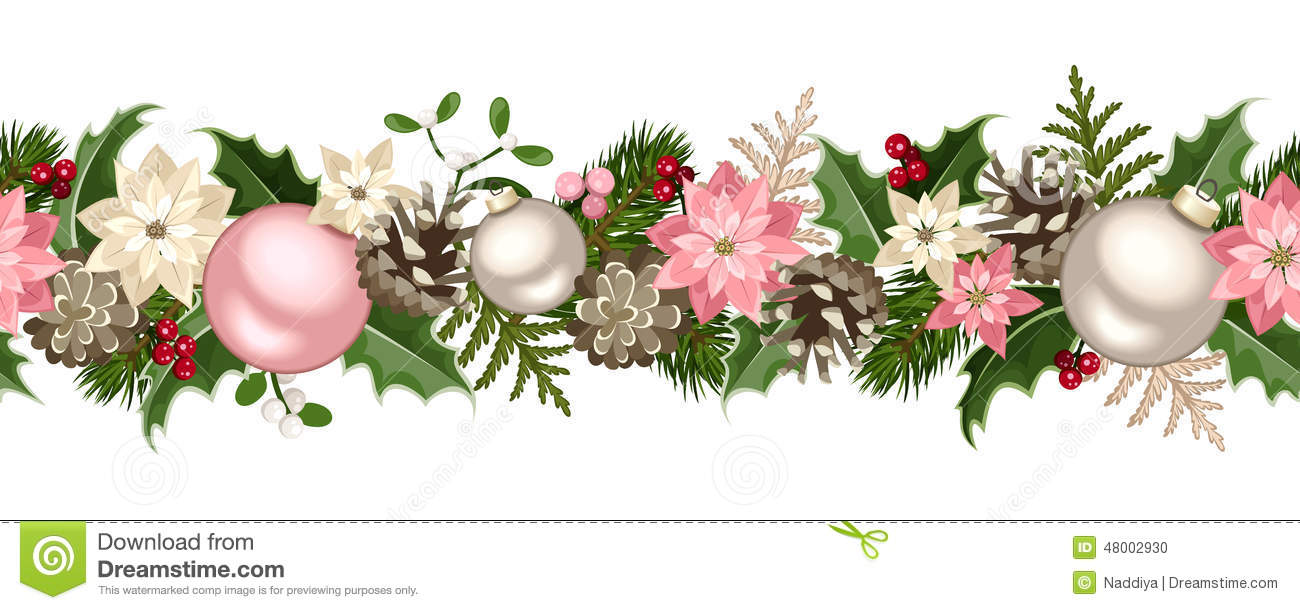 Christmas Seamless Garland With Fir Branches, Pink And.