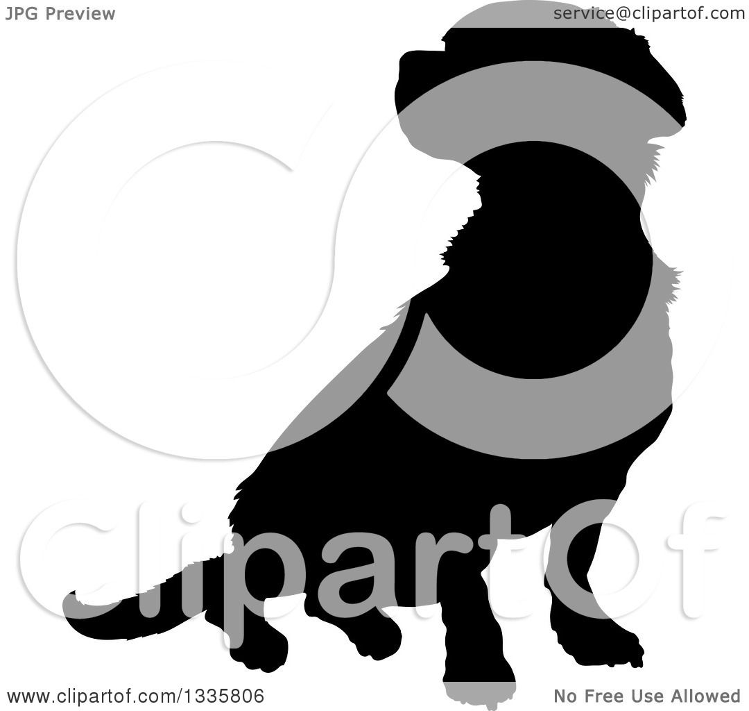 Clipart of a Black Silhouetted Mixed Breed Puppy Dog Sitting.