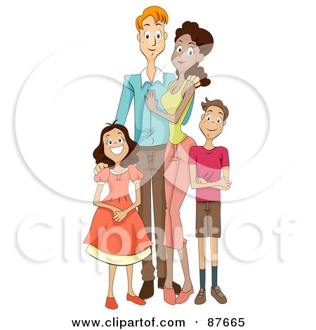 Clipart of a Family of Four Embracing in a Pink Heart.
