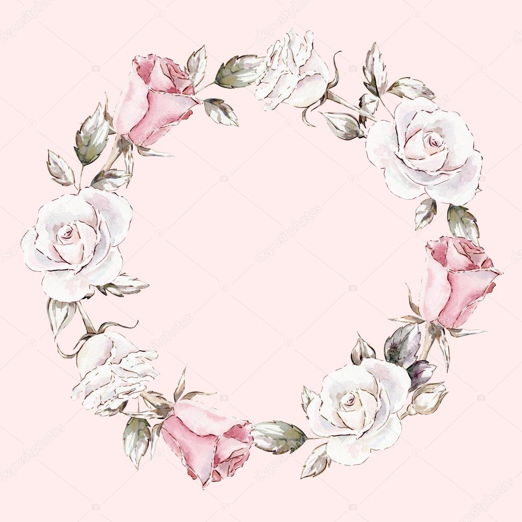 Hand painted watercolor wreath mockup clipart template of roses.