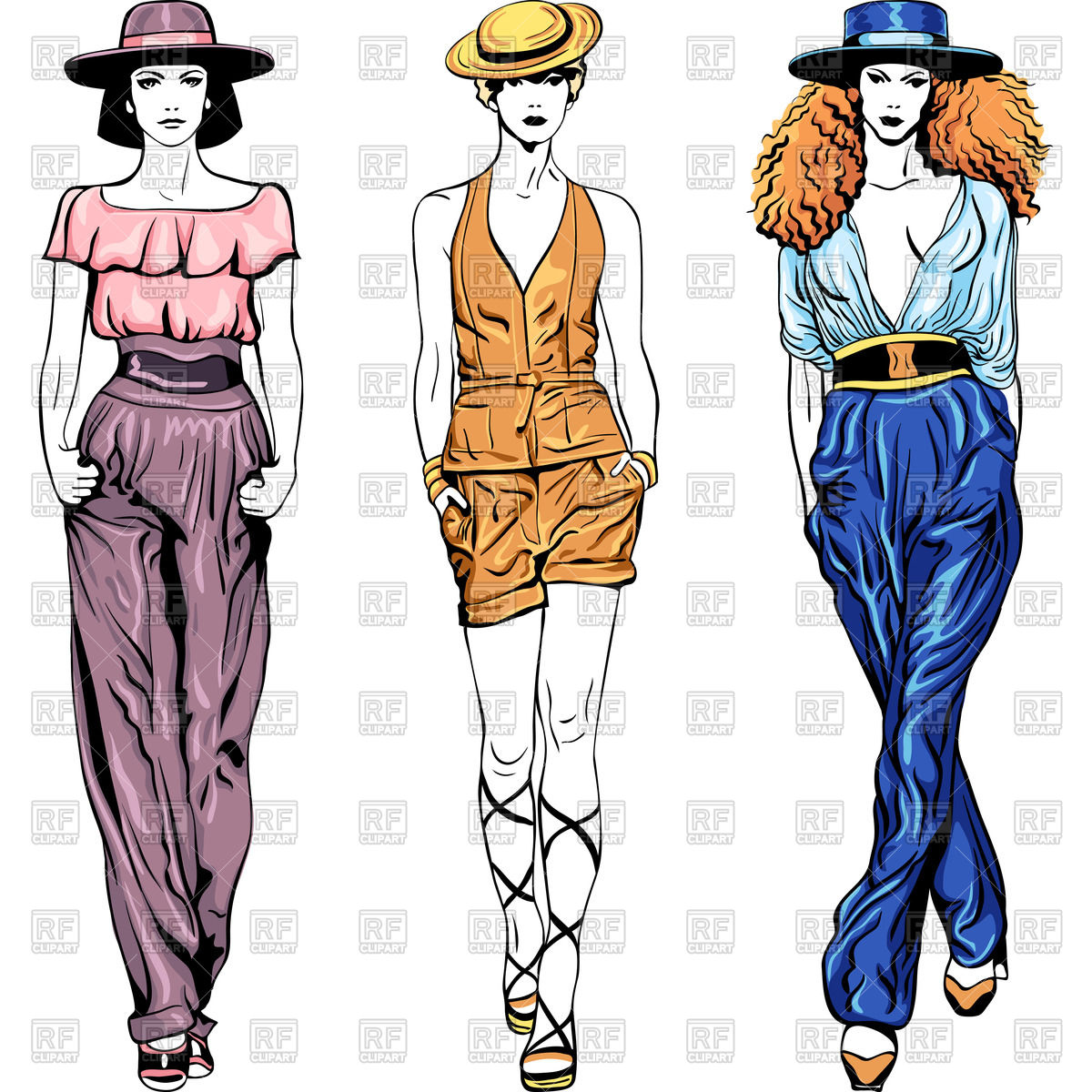 Fashion top models girls in trouser suits and hats Stock Vector Image.