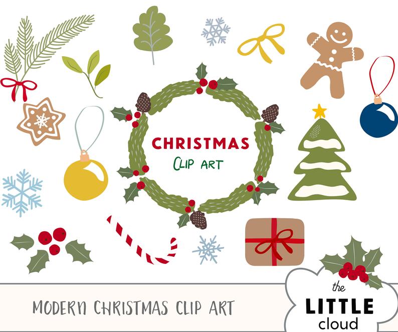 VECTOR version! Hand drawn christmas clip art set. Christmas wreath, holly  berry clipart, christmas tree, bauble ornament, winter clip art.