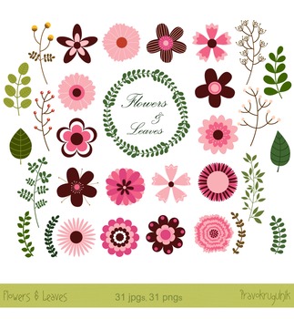 Flower clipart, Retro Flowers, Modern flowers clip art in pink and brown.