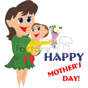 Mom holding a baby boy while receiving flowers from him. clipart.  Royalty.