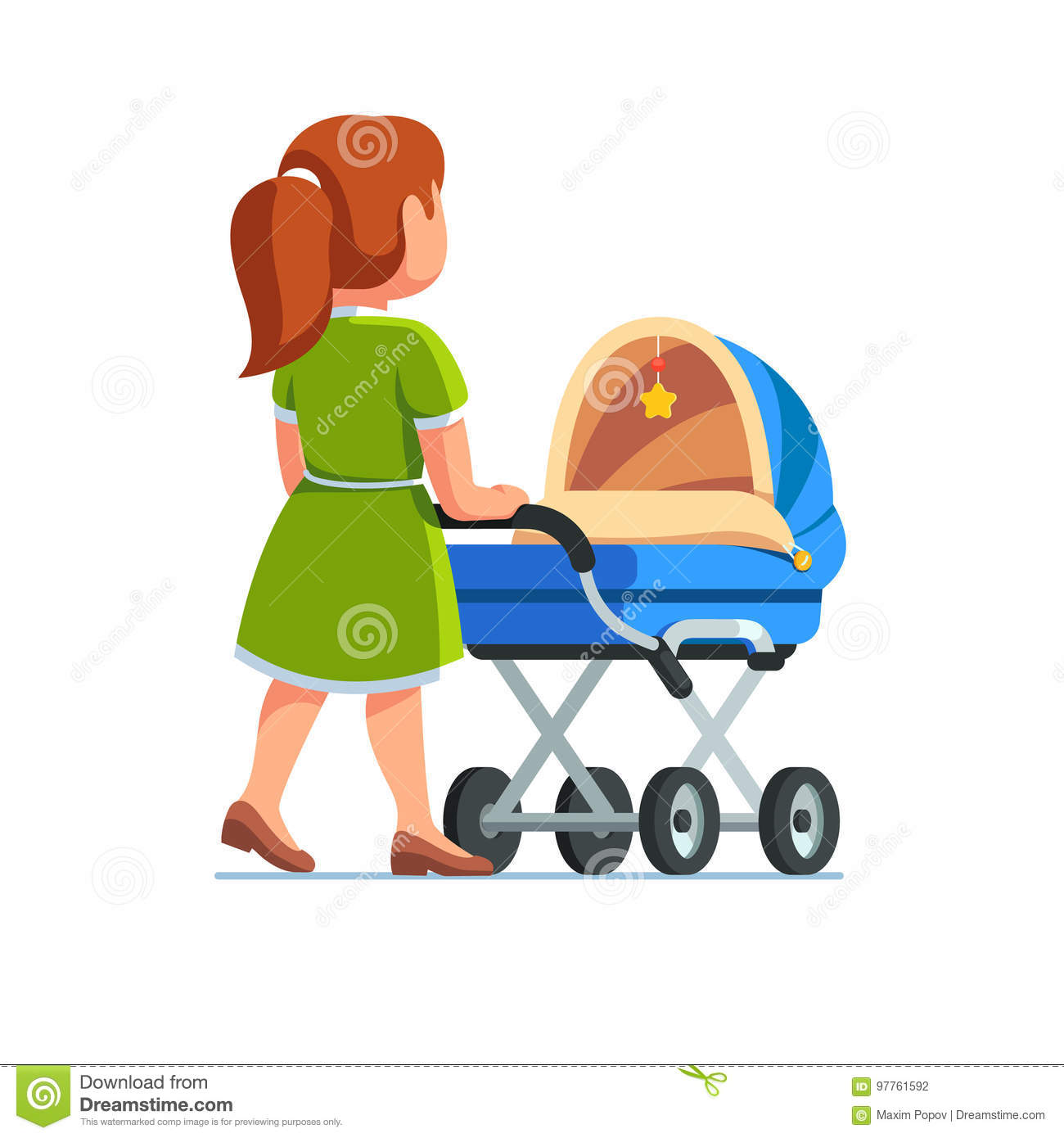 Mother Pushing Baby Stroller Walking With Kid Stock Vector.