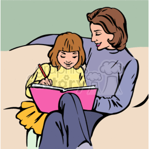 Child reading with her mom clipart. Royalty.