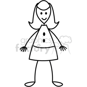 Black and White Stick Figure of a Girl with a Dress clipart. Royalty.