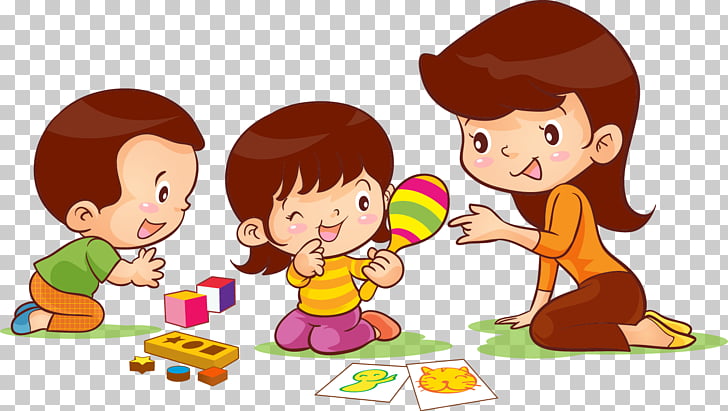 Child , kindergarten, boy and girl playing with mommy PNG.