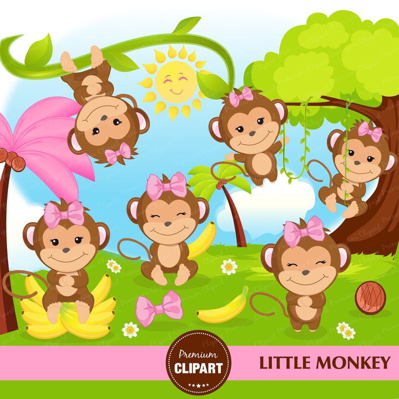 Monkey clipart, Monkey girl clipart, Monkey baby shower, Safari animal  clipart.