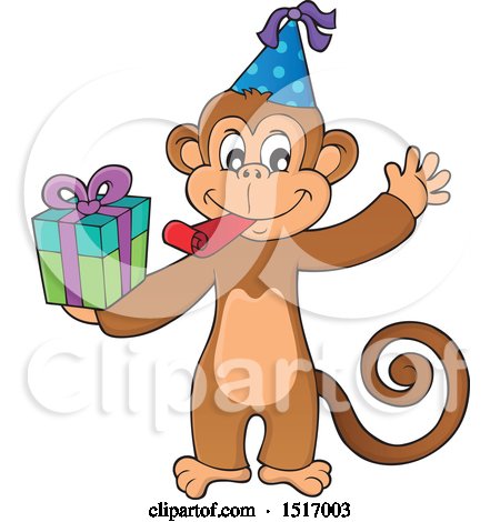 Clipart of a Birthday Party Monkey Holding a Gift over a.