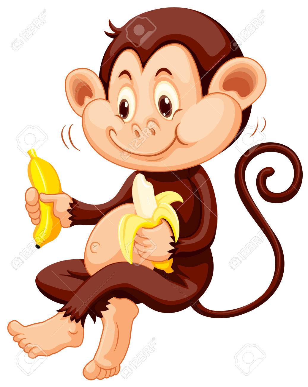Little monkey eating bananas illustration.