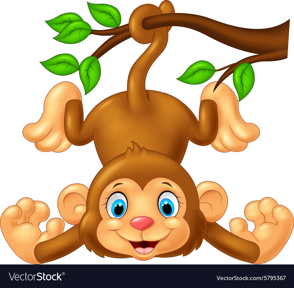 Cartoon cute monkey hanging on tree branch.