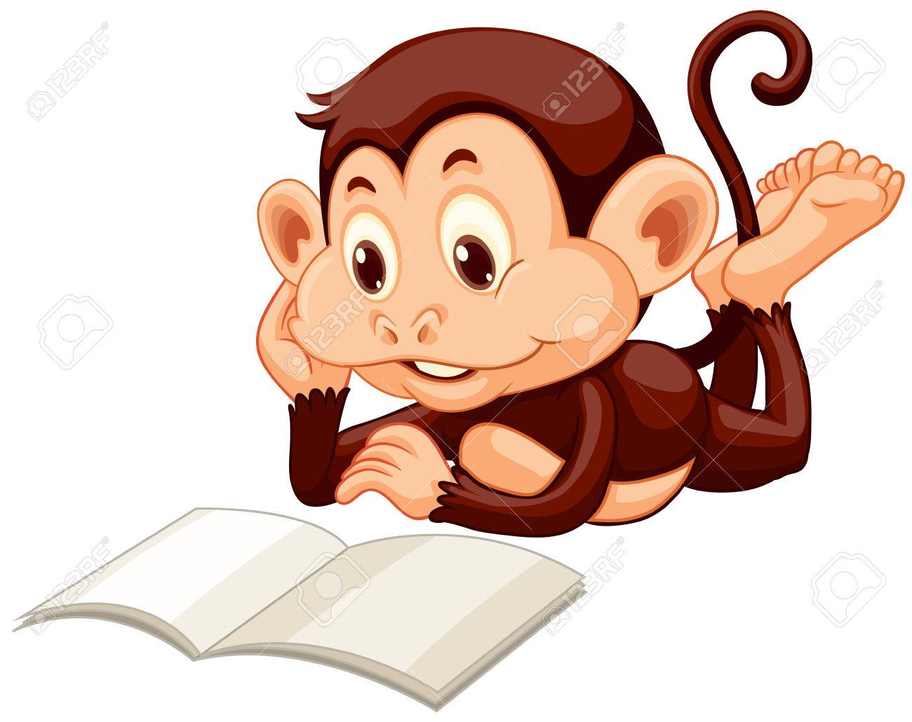 Little monkey reading a book illustration.