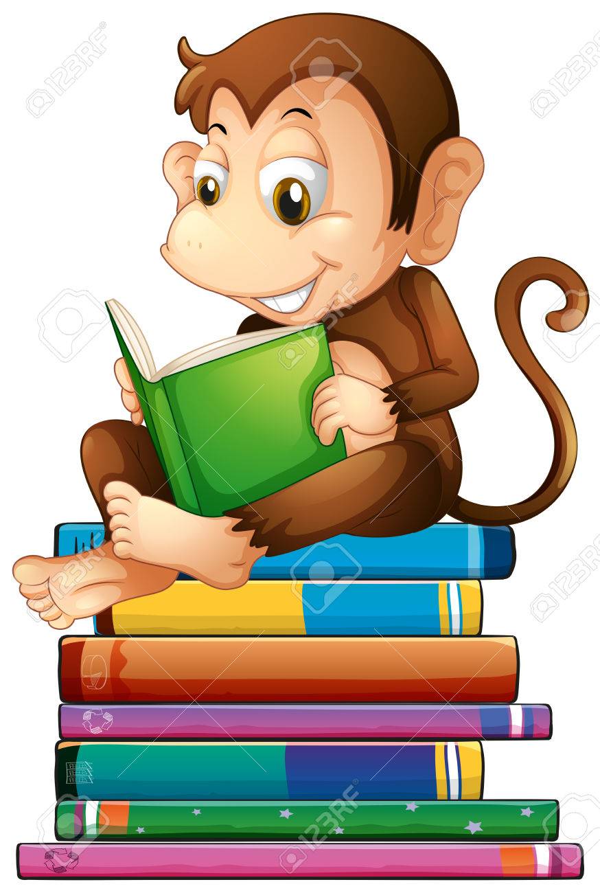 Illustration of a monkey reading a book.