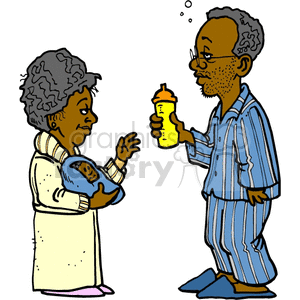 Mother and father feeding newborn baby clipart. Royalty.