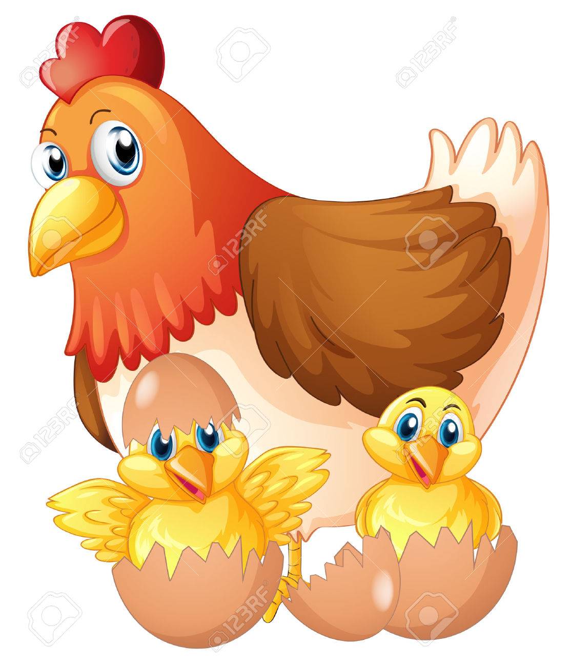 Mother hen and two chicks in eggs illustration.
