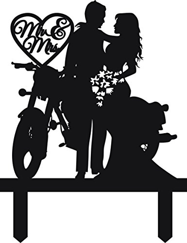 Motorcycle Funny Wedding Cake Topper Mr Mrs Bride Groom with Motorbike  (Black).