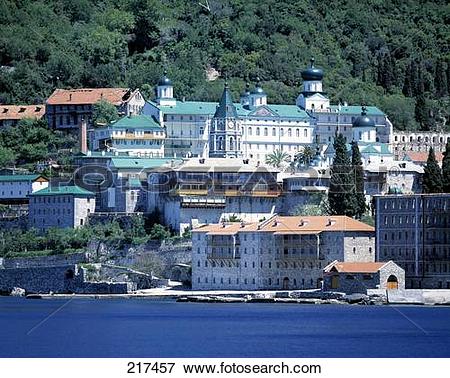 Picture of Buildings at waterfront, Mount Athos, Halkidiki, Greece.