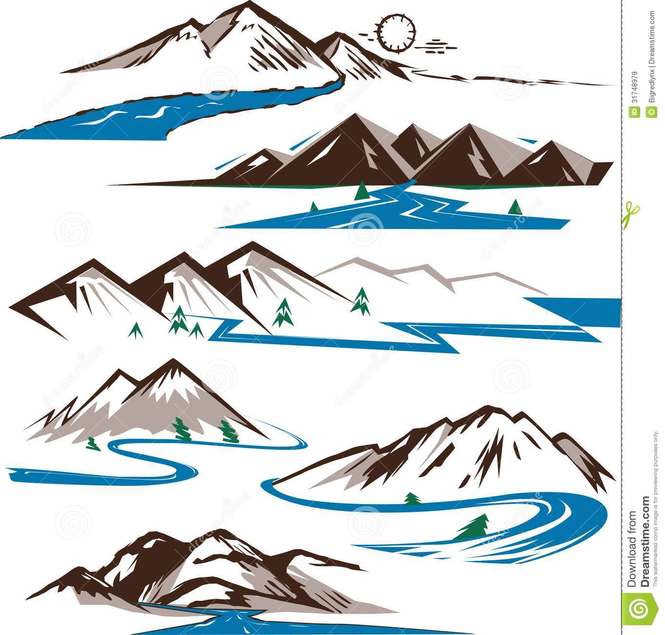 Mountain river black and white clipart.