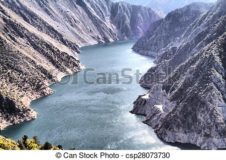Stock Photos of Reservoir hydropower plants in the mountain gorge.